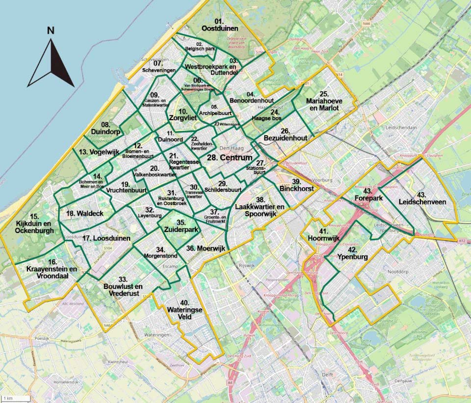 Kaart van alle wijken en stadsdelen in Den Haag